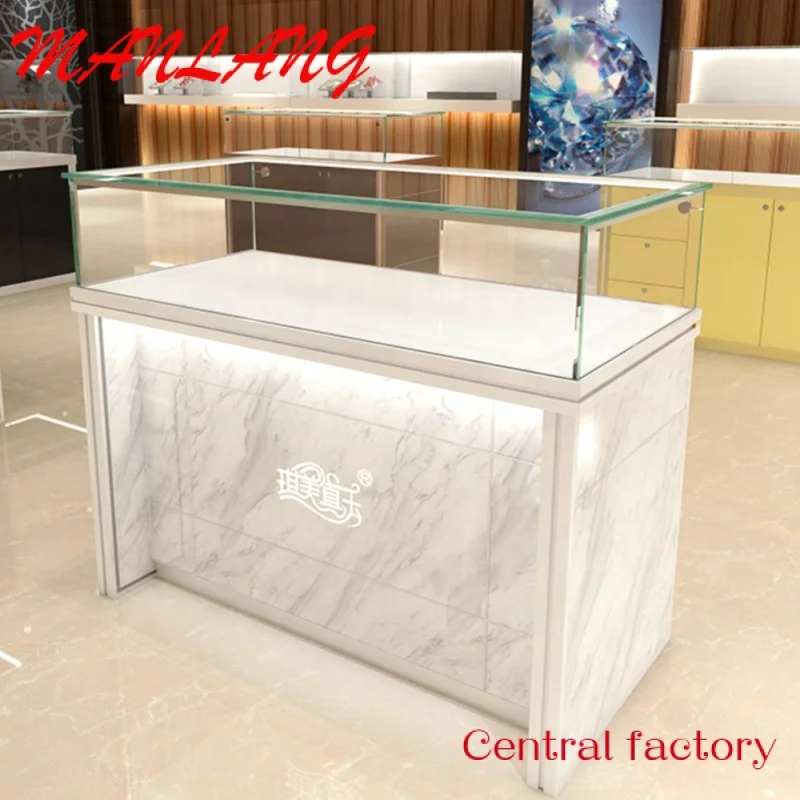 Customluxury retail shop high end custom wood glass lock set round  cabinet jewelry display counter showcase for store