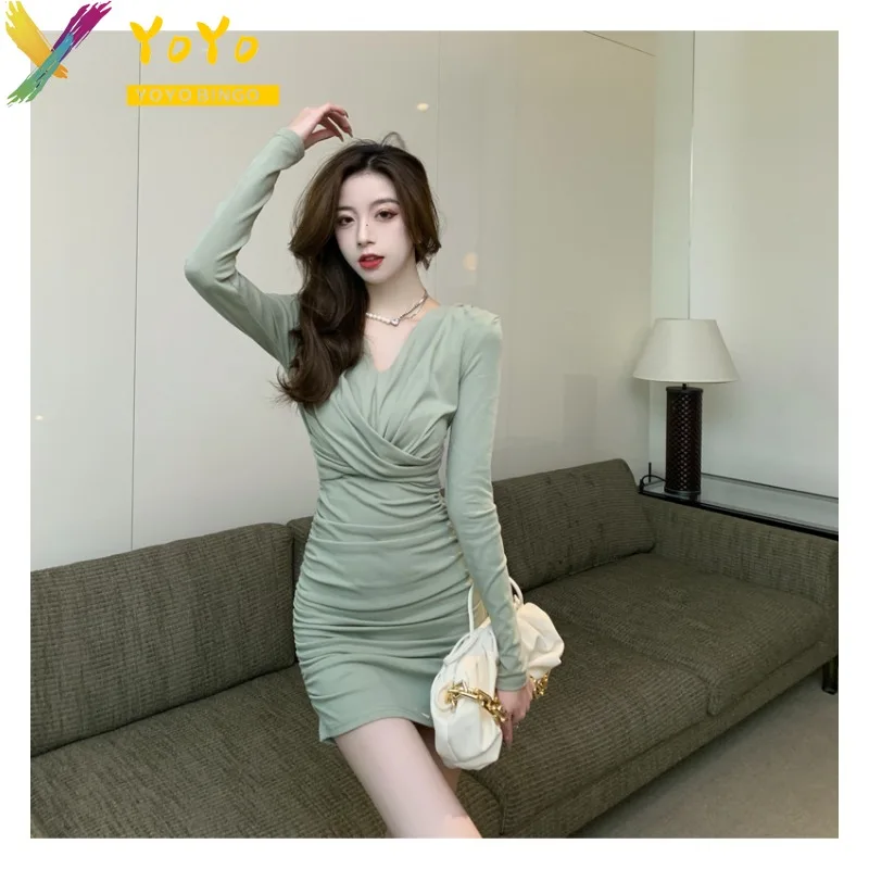 

Yoyo Bingo Formal Solid V-Neck Puff Sleeve Korean Folded Dresses 2023 Autumn Elegant Fashion Slim Bodycon Party Short Dress