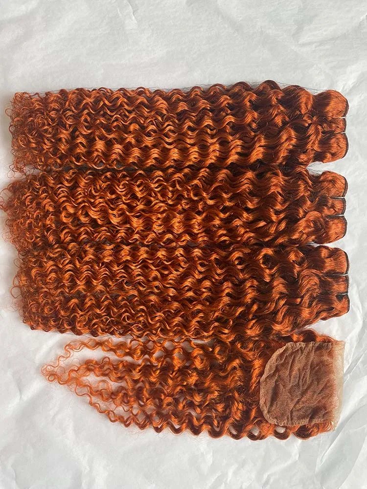 #350 Ginger Colored Water Wave Human Hair Bundles with HD Lace Closure Frontal Wholesale Curly Human Hair Bundles Extensions