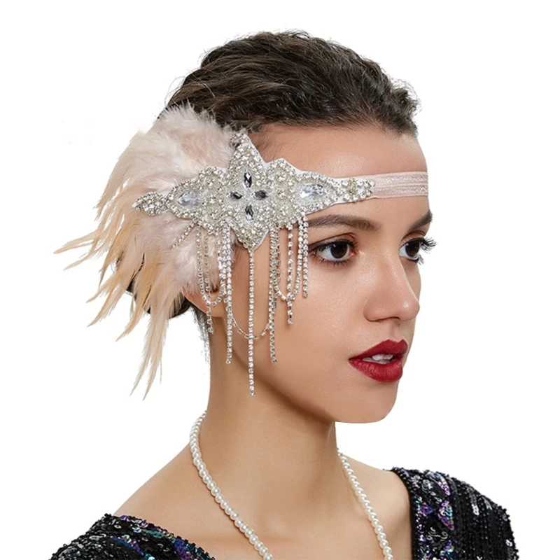

1920s Flapper Gatsby Party Costume Accessories Headband for Women Vintage Rhinestones Feather Headpiece Makeup Party Hairband