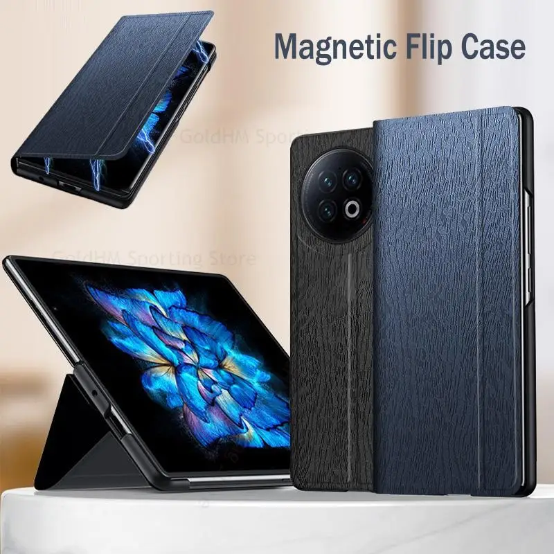 

For vivo X Fold2 5G Wood Texture Leather Phone Kickstand Case Funda For VIVO X Fold 2 V2266A Book Stand Hard PC Shockproof Cover