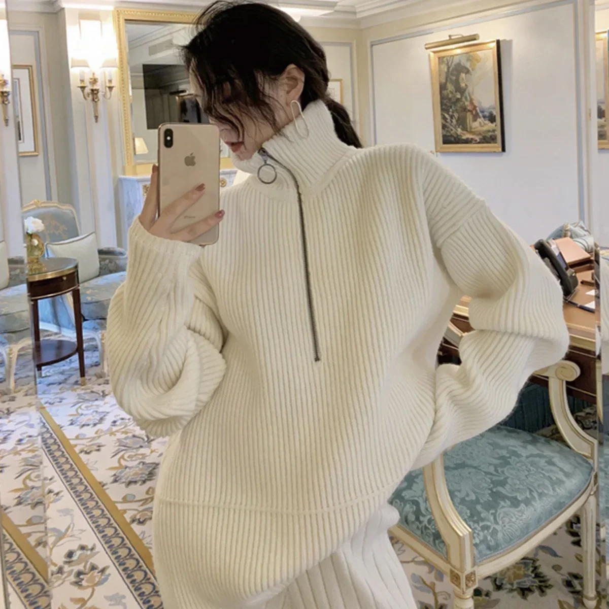 

Women's Pullover Thickened Loose Pullovers High Collar Outer Knitted Sweater Simple Half-zip Sweater Lazy Style Silhouette Top