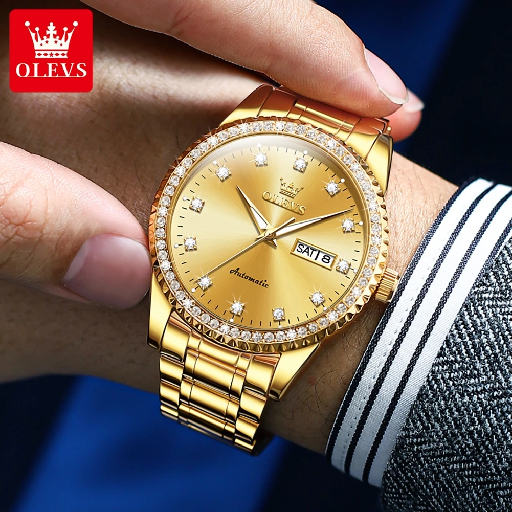 OLEVS New Fashion Gold Mechanical Watch for Men Luxury Stainless Steel Strap Waterproof Luminous Week Date Business Mens Watches