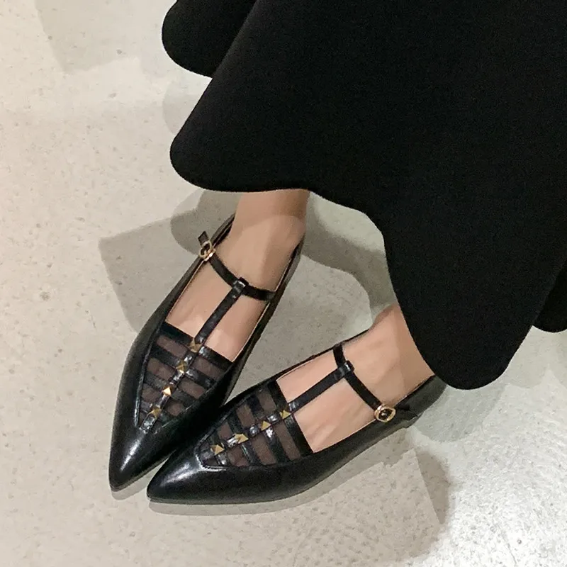 MKKHOU Fashion Women's Shoes New High Quality True Leather Pointed Mesh T-shaped Riveted Flat Shoes Modern Leather Shoes
