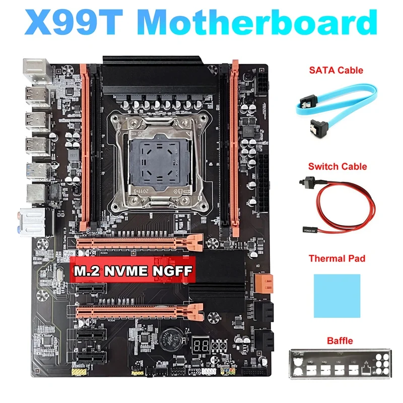 

Материнская плата X99T + кабель SATA + кабель переключателя + перегородка + термоподушка M.2 NVME NGFF поддержка DDR4 4X16G для ЦП V3