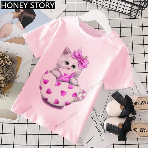 thumbnail image 1 of Cartoon Cats Kid Pink T Shirt Cartoon Cat Print Western Style T-shirt Short Sleeve for Boys and Girls Stranger Things Clothes, 1 of 5
