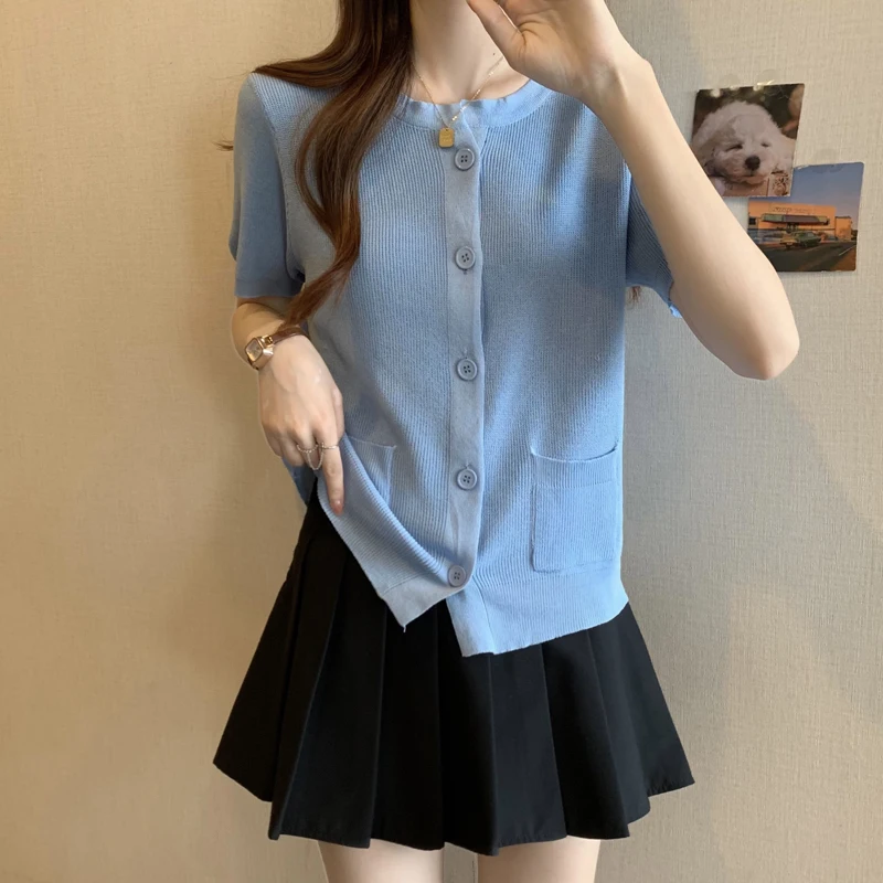 

Summer Elegant Korean Knit Sweater Tops Women Short Sleeve Single-breasted Pullover Solid Fashion Ladies Knitwear Loose Tops