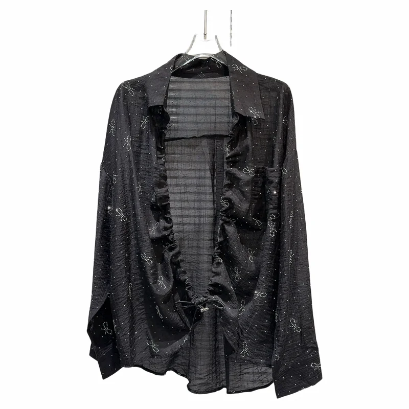 Hot Girl Rhinestone Bow Drawstring White Sun Protection Shirt 2024 Summer New Polo Collar Long Sleeve Black Shirt for Women