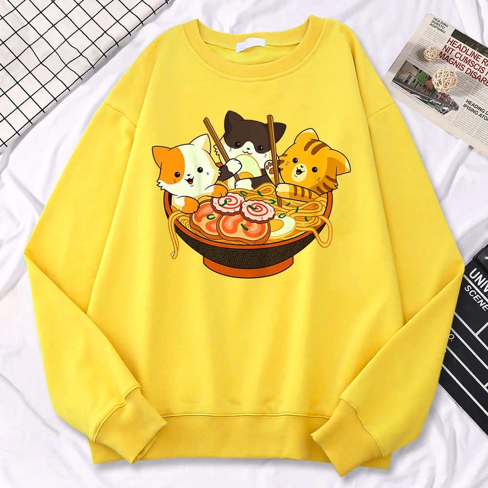 Einfaches Kawaii-Sweatshirt für Frauen, Anime-Katzen, die japanische Ramen-Nudeln essen, bedruckte Hoodies, lockere warme Pullover-Kleidung mit Rundhalsausschnitt – Detail 32