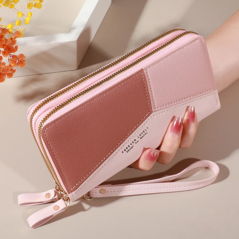 Lychee Patterned Women's Double Zipper Wallet - Large Capacity Card Holder & Phone Pouch Clutch Bag