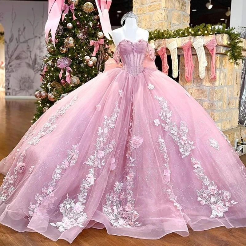 

Pink Sweetheart 15 Quinceanera Dresses Lace Flower Off The Shoulder Evening Dresses Puffy Party Dress Crystal Beading Ball Gown