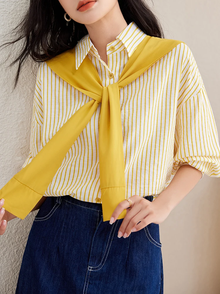 QOERLIN Elegant Women Yellow Striped Buttoned Shirt Fashion Blouses Tops Shawl Casual Vintage Trends Korean Loose Office Ladies maikun poncho for women ladies tassel cape coat oblique stripe coat women fashion tassels pashmin bohemian shawl scarf in winter