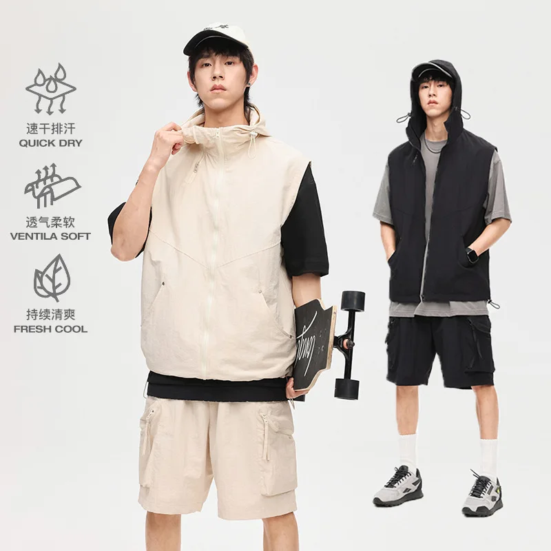 Men's Sleeveless Hooded Shorts Suit Casual Summer Cargo Set Men Quick-Drying Breathable Outdoor Streetwear