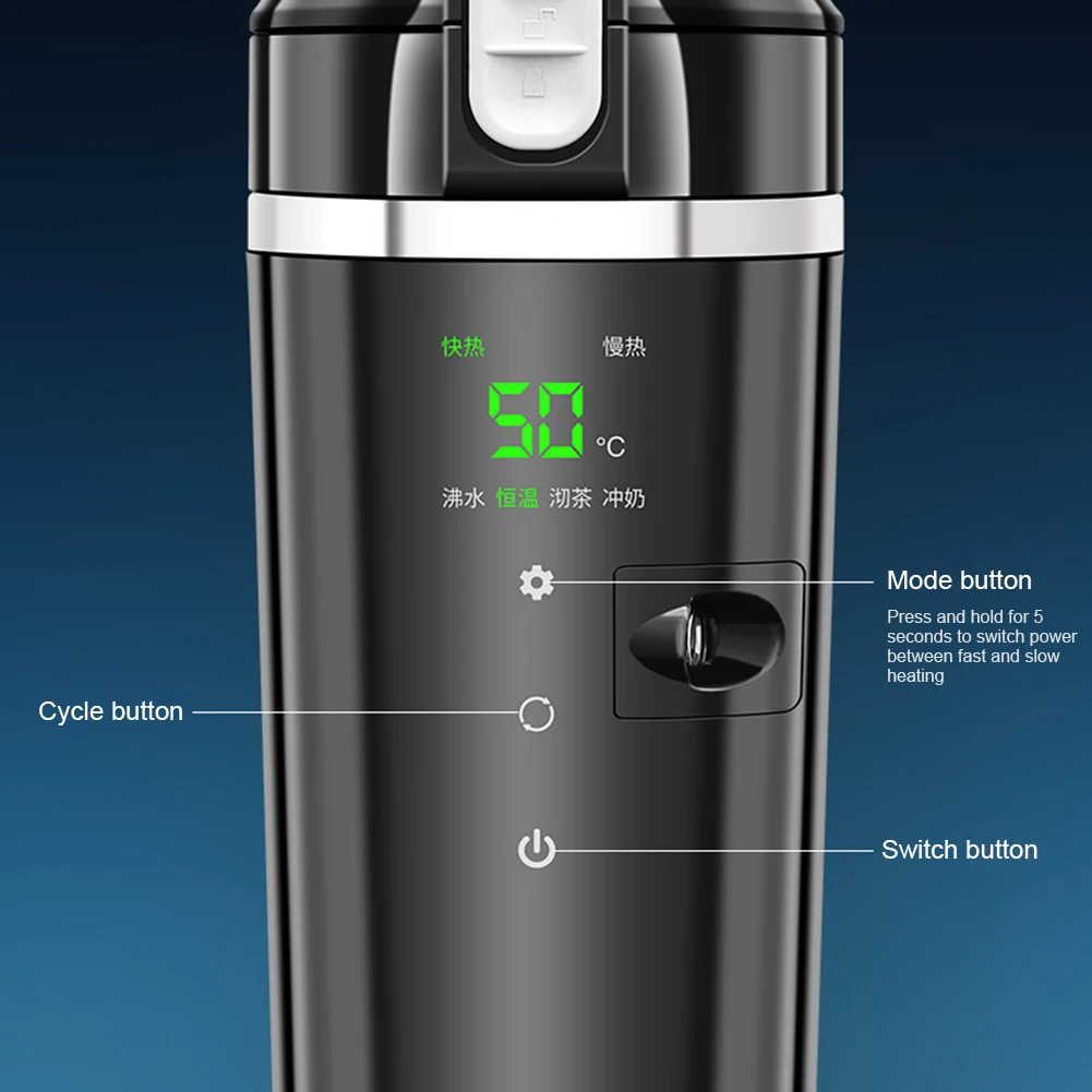 12V/24V 커피/우유 가열 주전자 스테인리스 스틸 차량용 가열 스마트 머그 디지털 LCD 디스플레이 물 가열병 500ML 컵