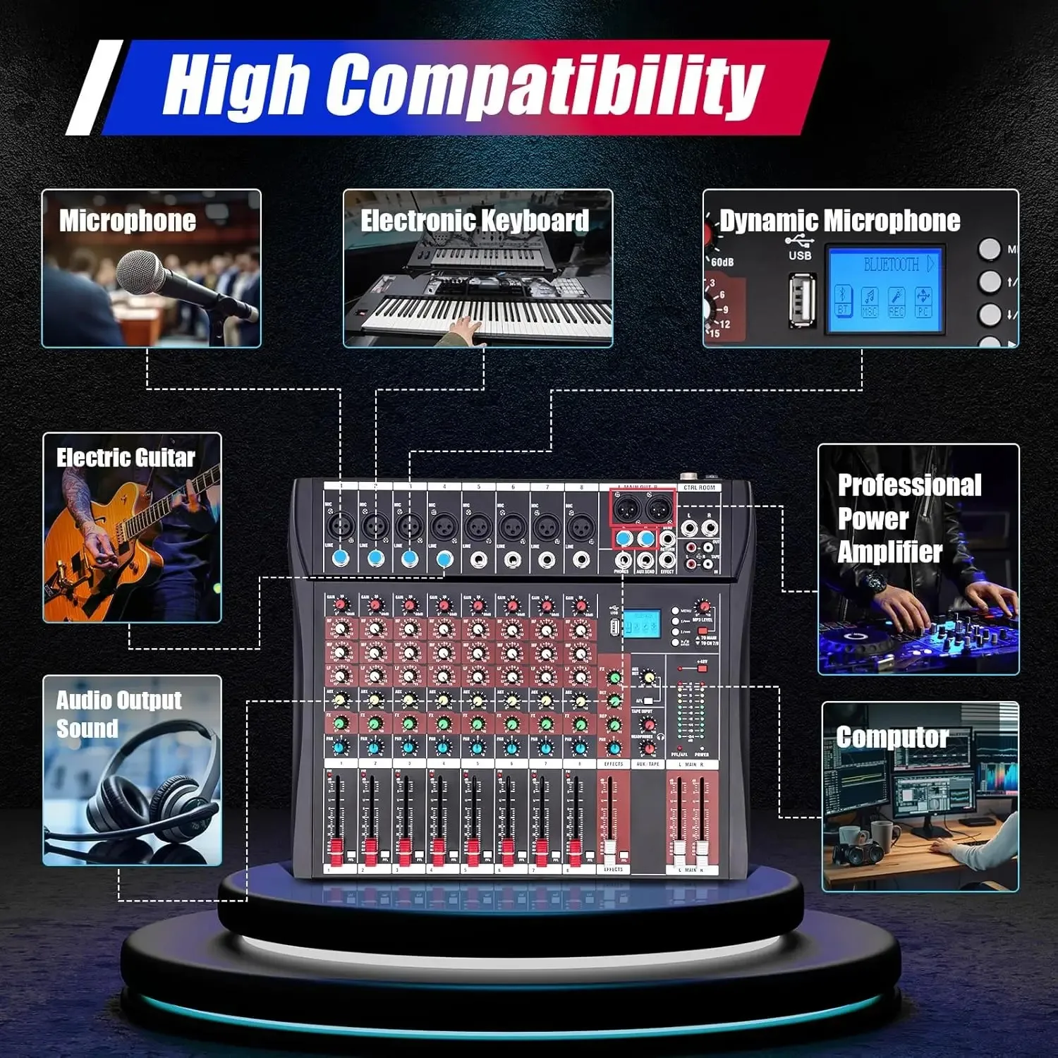 8 Channel Audio Mixer, Bluetooth USB Live Studio GDAE10 DJ Professional Mixing Console Power Amplifier Sound Board Desk System 5