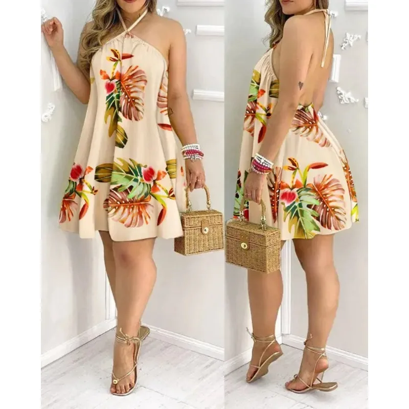 

Women Summer Dress Tropical Print Halter Neck Dress Vacation Style Backless Dress for Spring & Summer Women's Clothing Dress