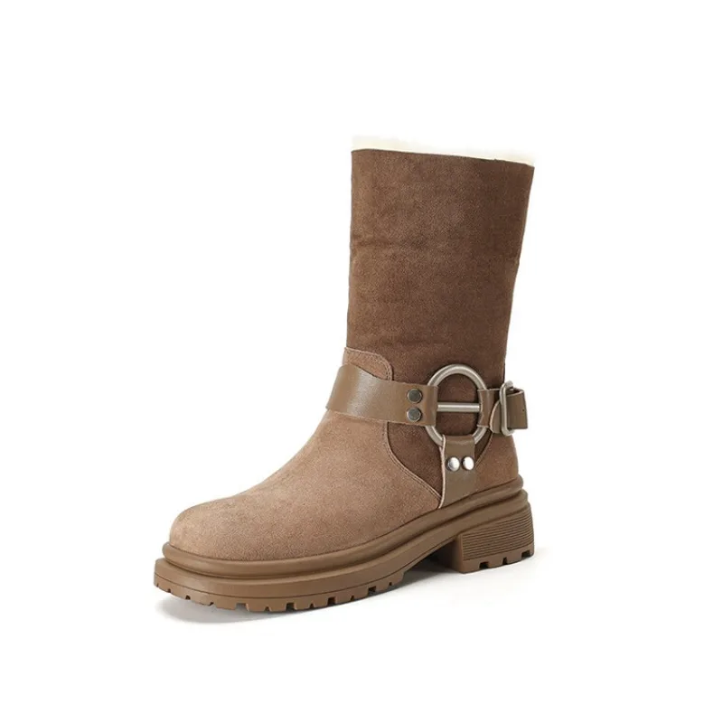 Shoes for Women 2023 Hot Sale Slip-on Women's Boots Fashion Belt Buckle Modern Boots Women New Short Plush Mid-Calf Shoes Female