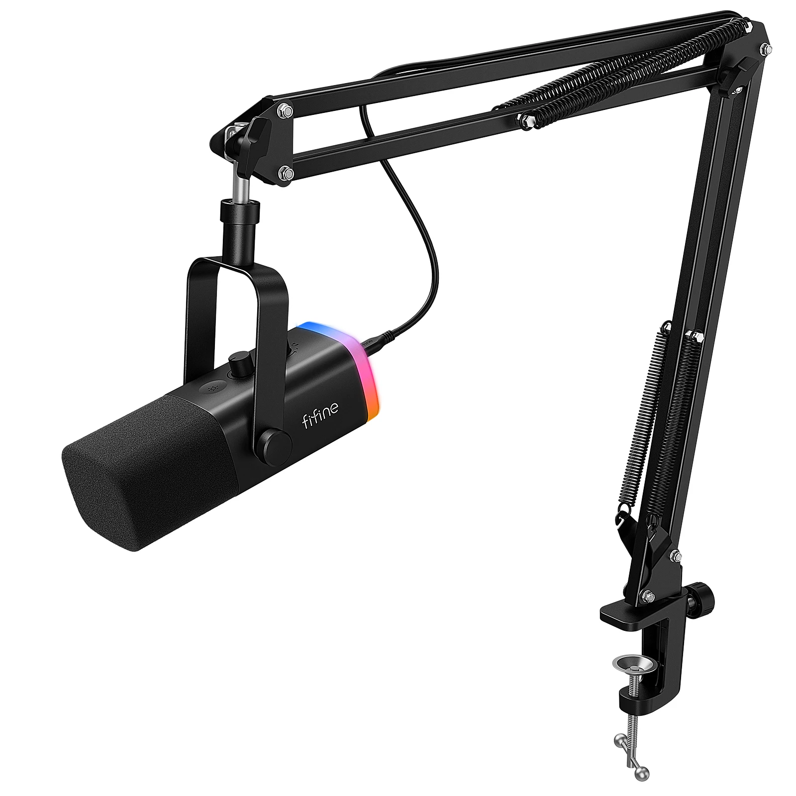 FIFINE-Kit de Microfone XLR Dinâmico com Braço Boom para Mixer,Gaming USB Mic Set, RGB, Controle de Volume para PC, PS5, PS4, Amplificador, AM8T