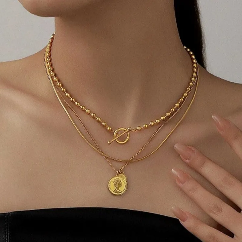 Stainless Steel Multi Layer Queen Pendant Necklace for Women 2025 New Fashion Sweater Chain Necklace Party Jewelry Gifts