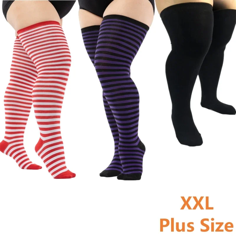 WomenPlusSizeSocksOversizedOverKneeStripedLongSocksLargeSize