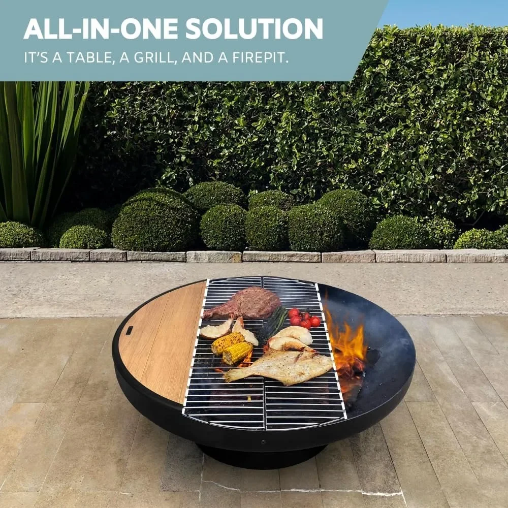 32 Inch Cast Iron Circular Fire Pit Table with Fire Pit Grill, Wood Burning on Outdoor Terrace