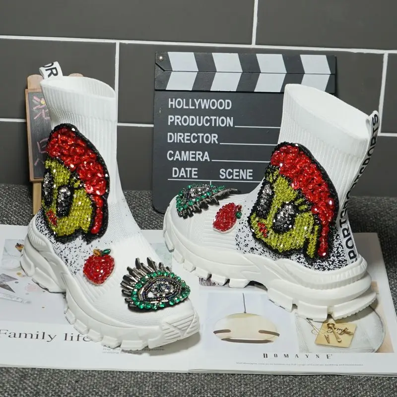 

2023 Spring Autumn Women Handmade Novelty Socks Shoes Lady Thick-soled Large Size Solid Knitted Short Boots White Casual Shoe