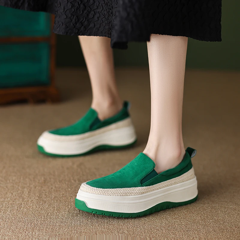 

Women Daily Flats Slip On Spring Casual Loafers Genuine Leather Sheepsuede Platform Shoes Girls Round Toe Vulcanized shoes
