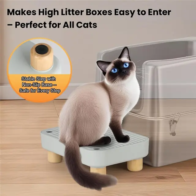 Litter Box Catcher With Wooden Base, Anti-Tracking& Easy To Clean, Litter Box Step, Ramp Designed Ideal For Small Elderly Cats 2