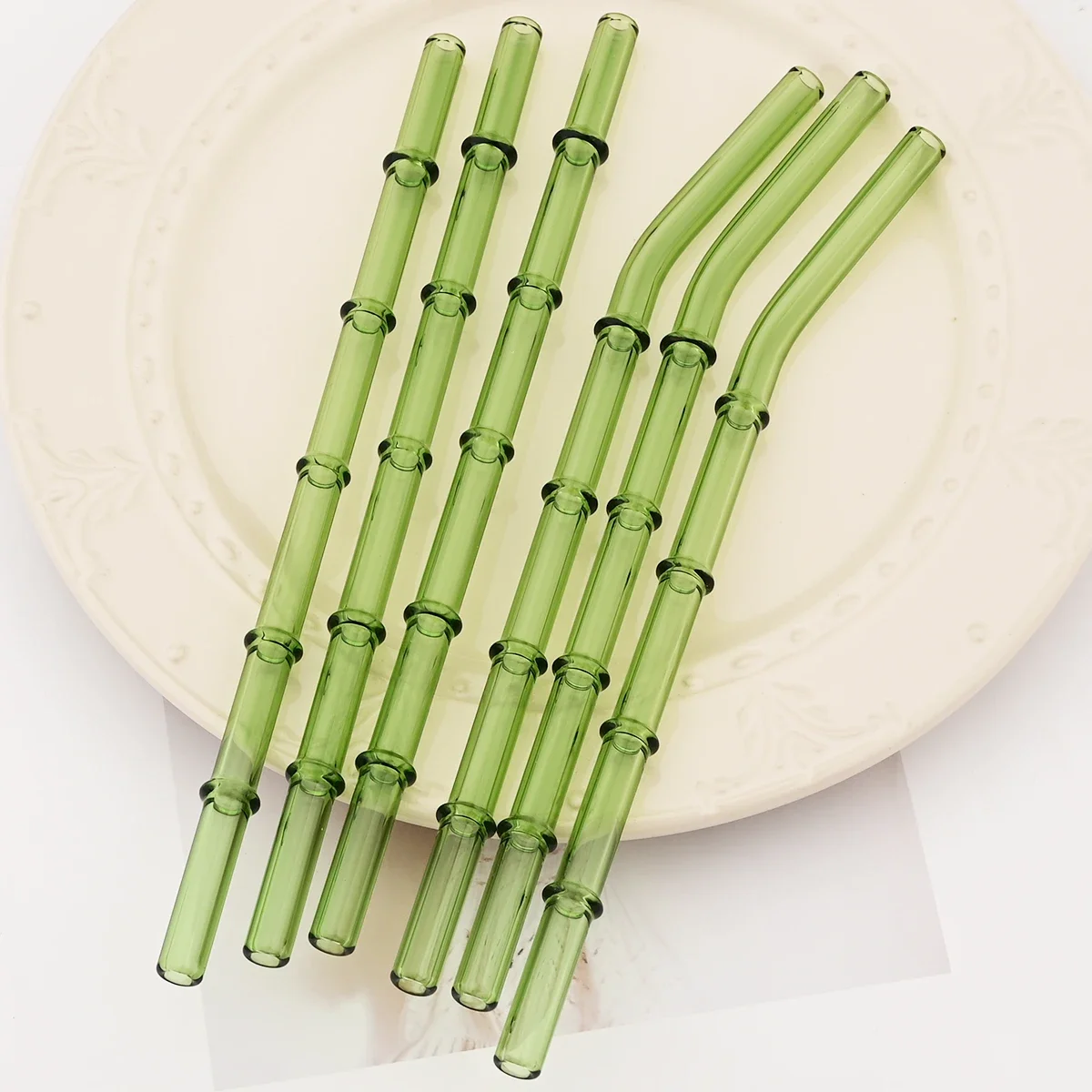 Eco-Friendly Bamboo-Style Reusable Glass Straw Set with Cleaning Brush - Green