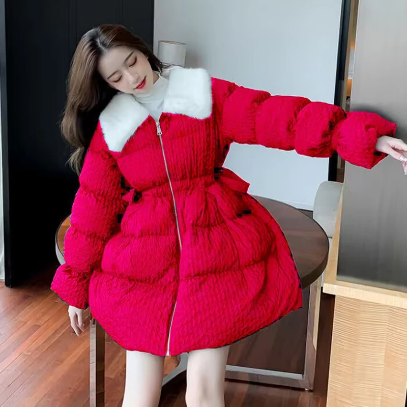 

Long Down Cotton Parka with Large Fur Collar for Women, Female Jacket, Student Coat, Fashion, Winter, 2023