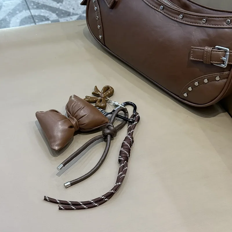 Sweet Quilted Leather Bow Keychain Organizer Cute Mini Bag Charm for Girls Sweet Korean Bow Key Holder with Pendant