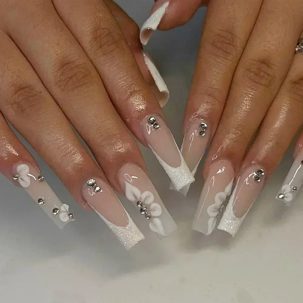 24Pcs Full Cover False Nails with Glue Long Square Coffin French Detachable Ballet Love Pattern Design Press on fake nails,french nails,false nails