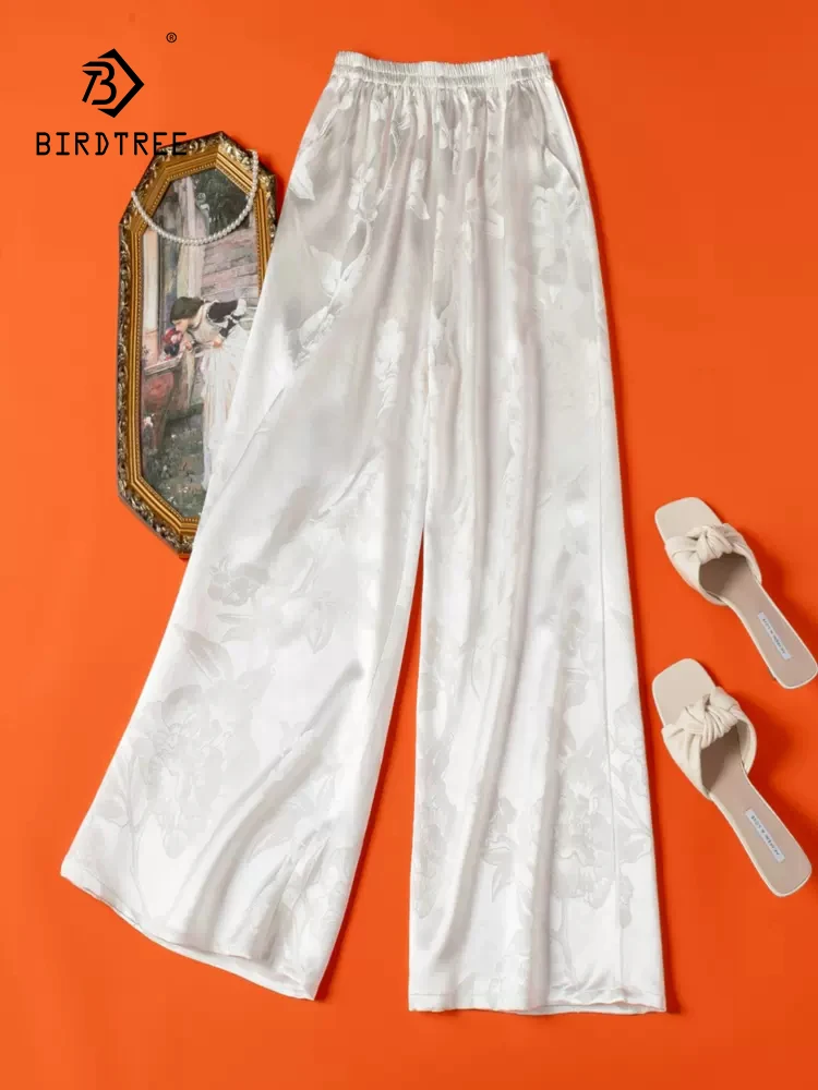 

BirdTree 45MM 100%Real Silk Elegant Pants For Women, Vinatge Jacquard, Casual Versatile Wide Leg Pants, 2024 Spring New B43747QC