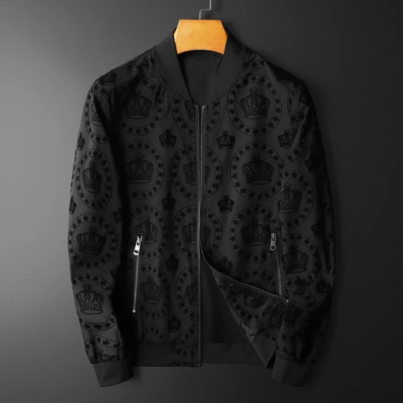 

Spring Autumn Men's Jackets Luxury Crown Printed Long Sleeve Stand Collar Zipper ManOuterwear & Coats Plus Size 5XL