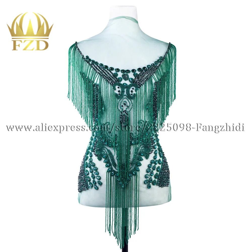 

FZD Elegant Handmade Sew on Rhinestone Patch Tassels Waterfall Dangling Crystal Dress Patch Bodice Applique for Show Stickers