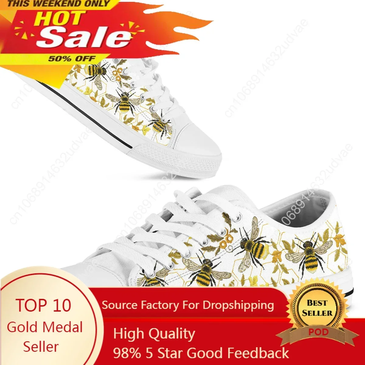 Women Casual Flats Cute Bee Pattern Low Top Canvas Sneakers Lady White Flat Shoes Plus Size To 45/46