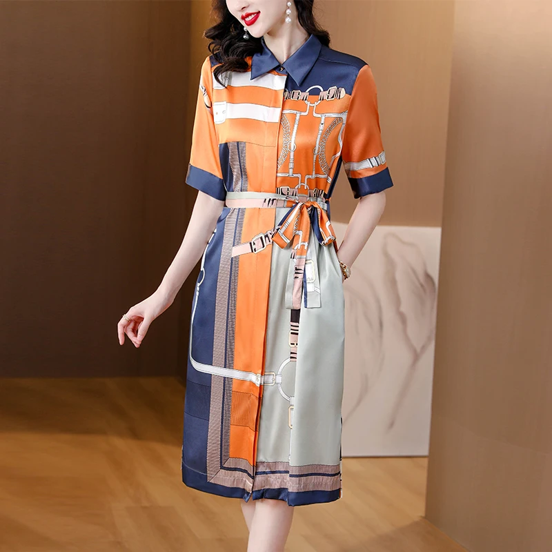 

French silk women's dress summer new 2023 light luxury print slimming silk dress children