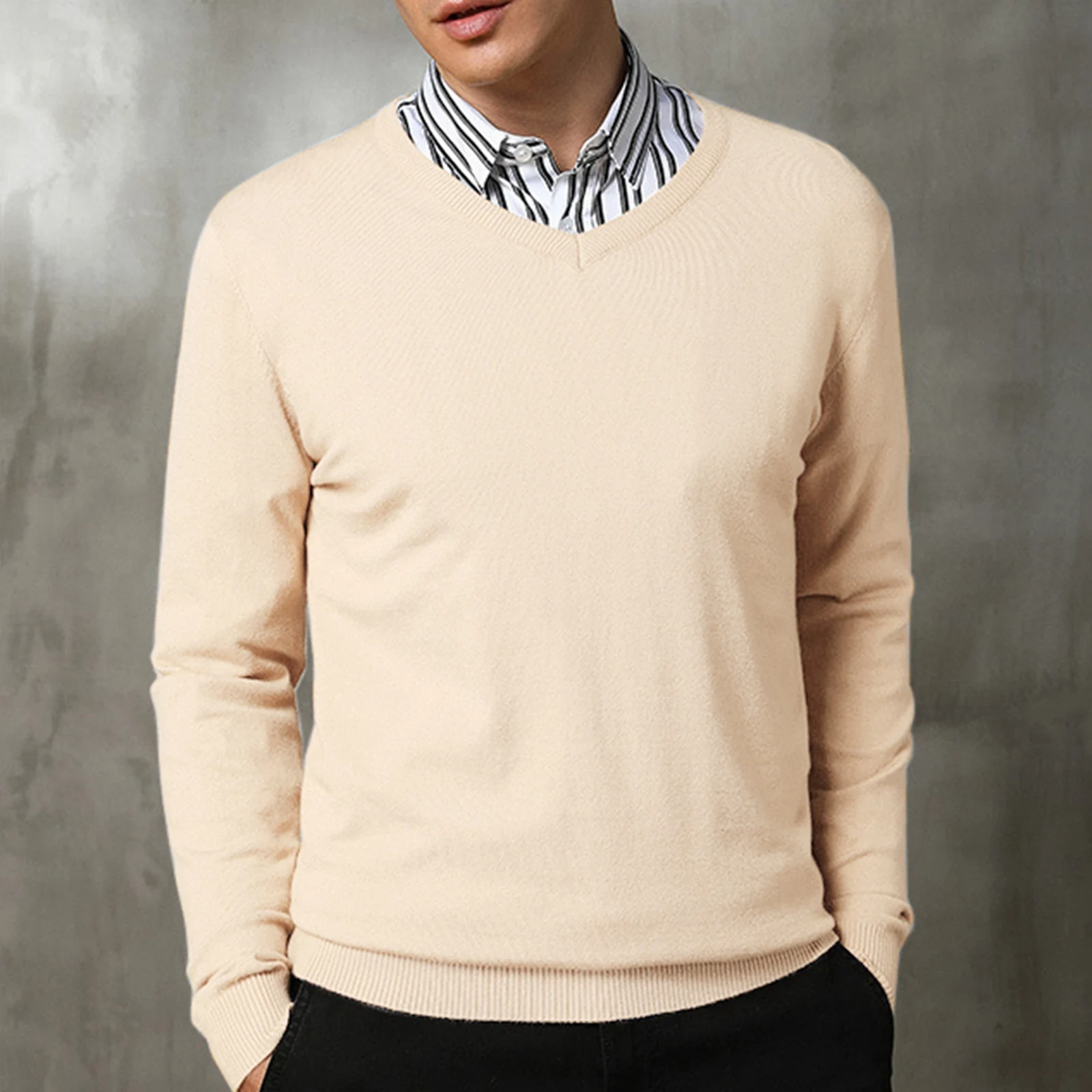 

Men's Autumn Youth Business Casual Bottom Versatile Cotton Long Sleeve V Neck Pullover Fashion Shirts Tops Korean Fashion
