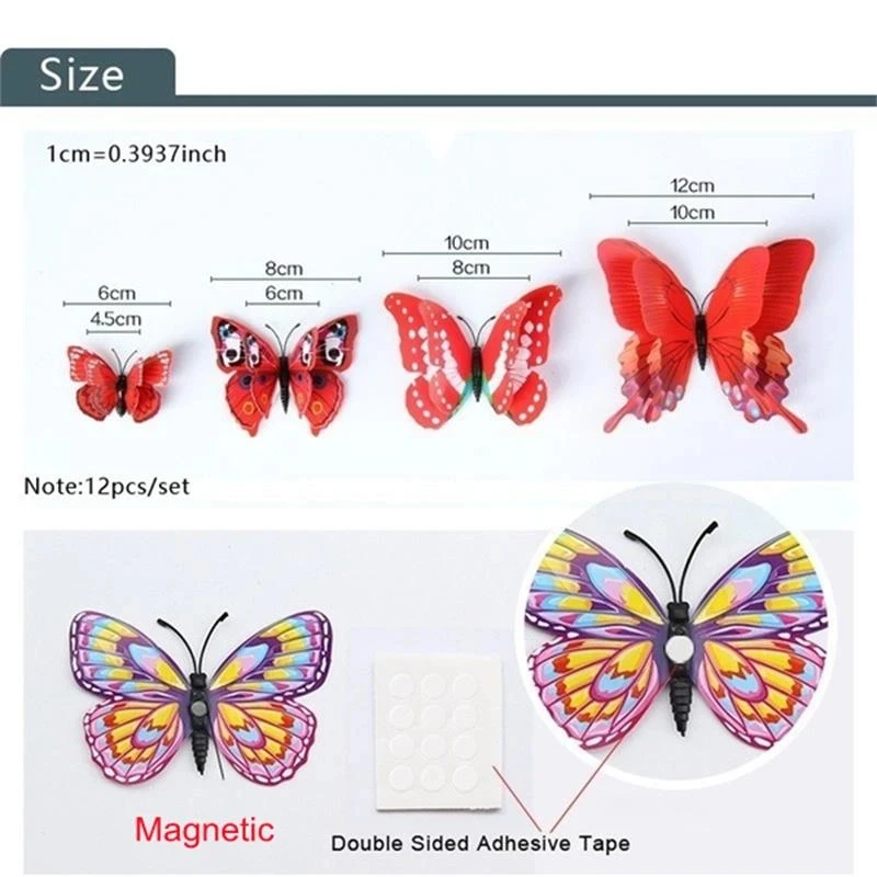 12Pcs Butterfly Fridge Magnet Refrigerator Magnetic Sticker 3D Cute Colorful Creative Message Board Reminder for Home Decoration