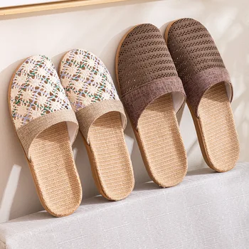 New Oriental Flax Slippers For Women Summer Indoor Home Summer Wooden Floor Slippers For Men Spring And Autumn 1