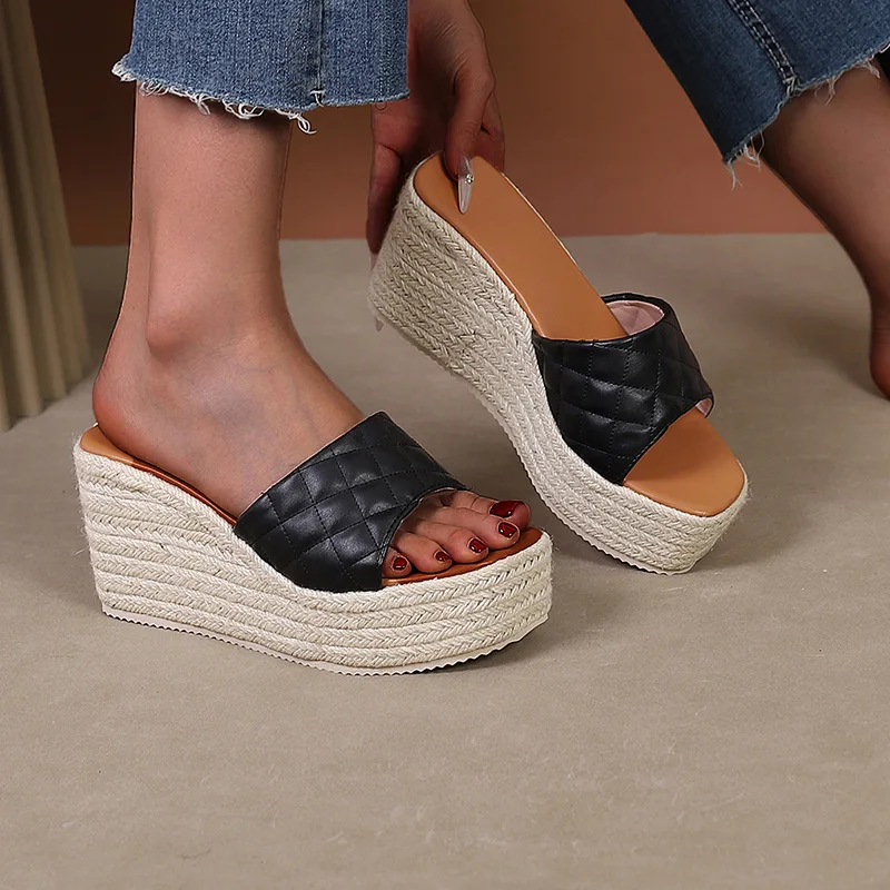 

Hemp Thick Soled Slippers for Women Shoes 2024 Summer New Woman Height Increasing Slides Lady Fashion Wedges Beach Roman Sandals