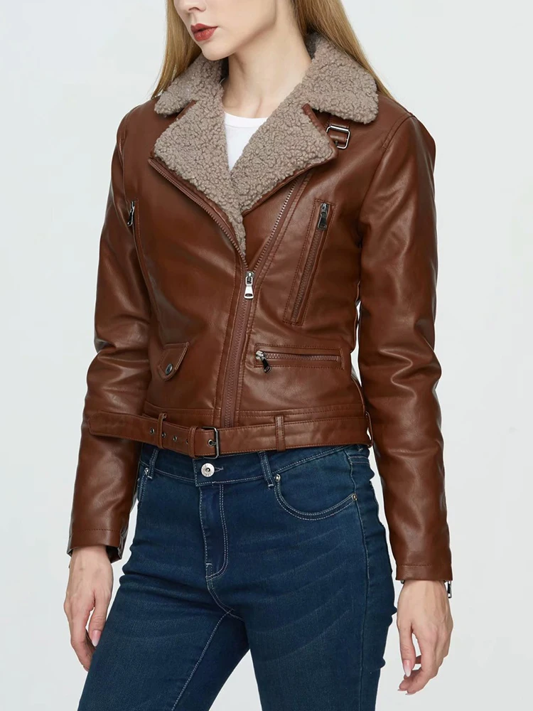 

Fitaylor Autumn Winter Women PU Leather Jacket Casual Lady Lapel Faux Lamb Wool Patchwork Leather Coat Thick Warm Outwear