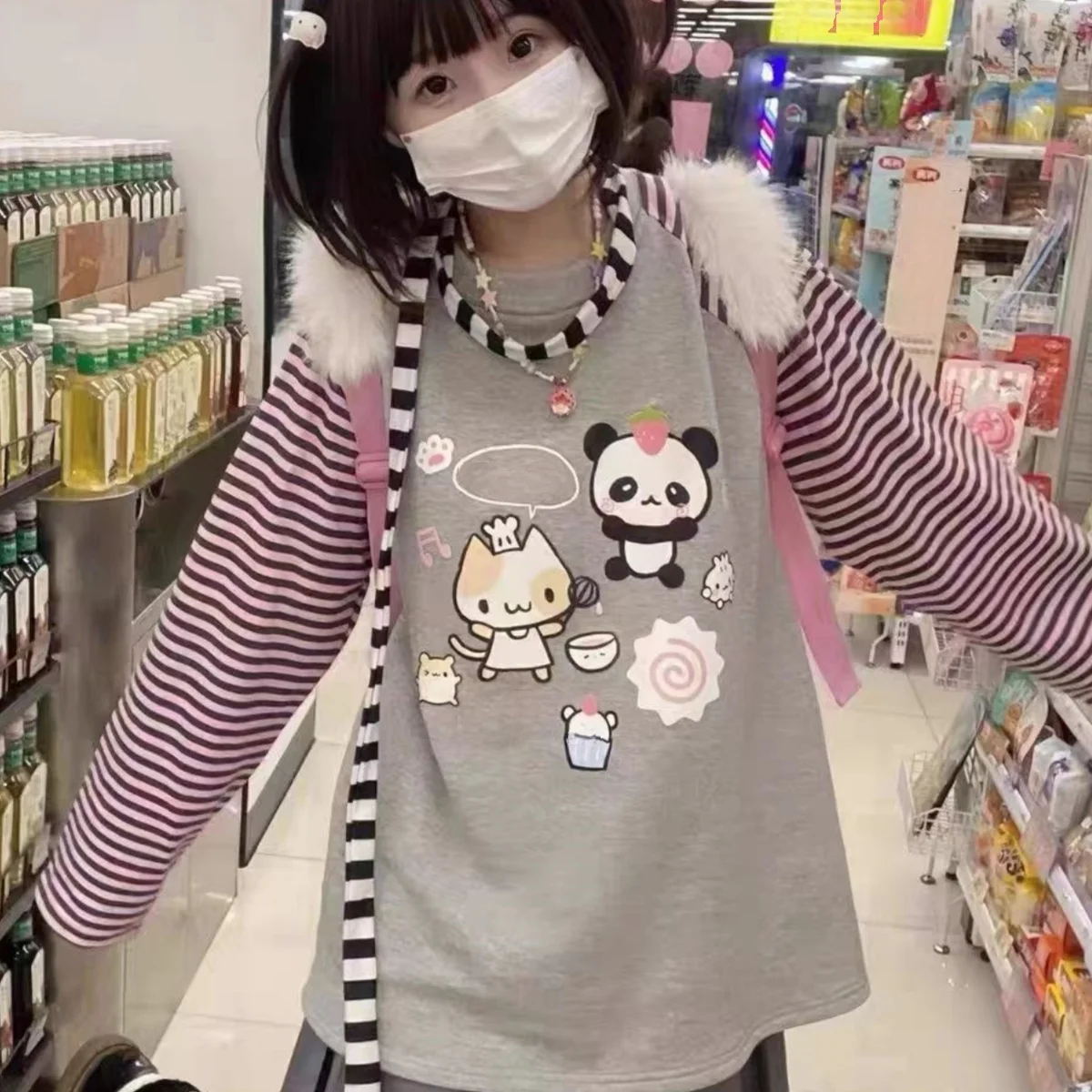 Cartoon Print Cute Girl's Casual Tops & Tees New Matching Sweet Female T-shirts Y2K Youth Women's Blouses Kawaii Cotton T-shirts 2