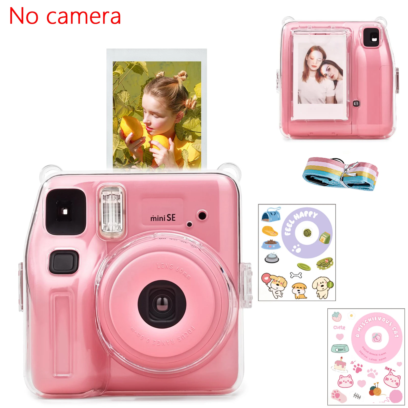4-piece camera case set for Instax Mini SE camera, hard pvc shell with shoulder strap and decorative stickers-(no camera)
