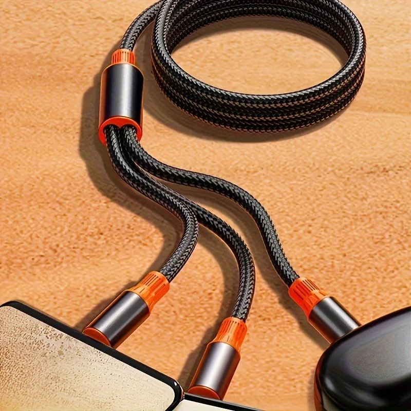1pc 1.2m/3.9ft 3-in-1 data cable, USB A to type-c/lightning, type-c to type-c/lightning braided transport fast data cable