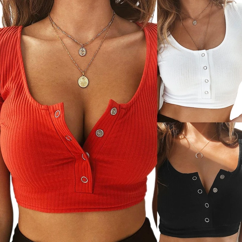 

Women Summer Short Sleeve Button Half Placket T-Shirt Sexy Low Cut Neck Ribbed Knitted Crop Top Solid Color Casual N7YF