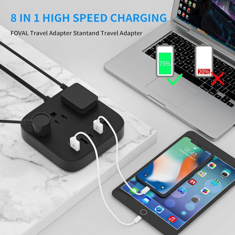 European Travel Adapter, EU/UK/US Power Strip with USB-C, 4 USB Ports, 3 AC Outlets, Wall Mount, 5ft Cord