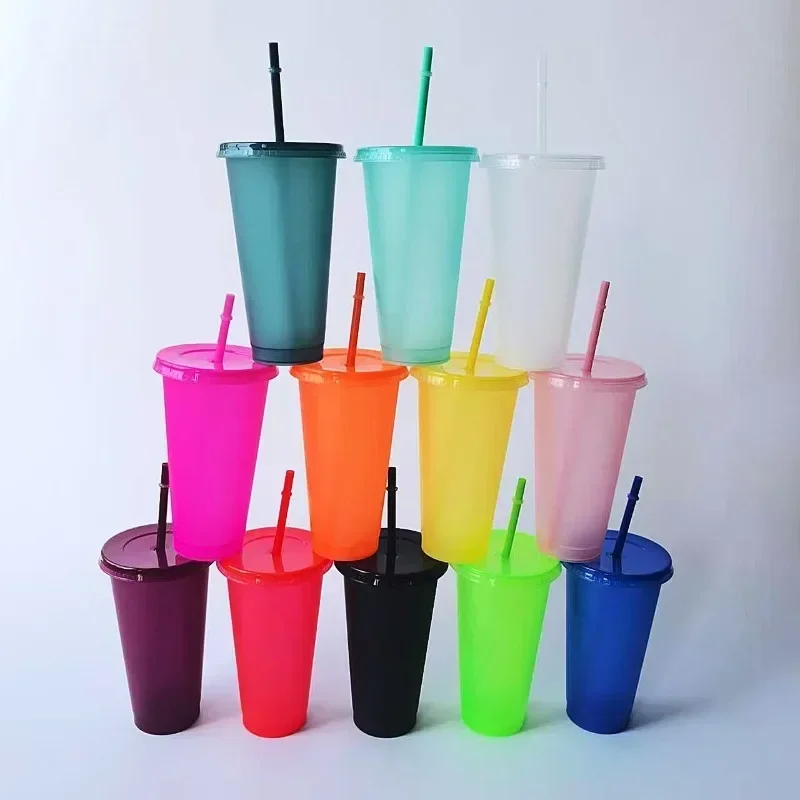 5pcs 710ml Reusable Plastic Straw Cup Large Capacity Leakproof Travel Tumbler for Coffee Smoothie Home Birthday Party Takeaway