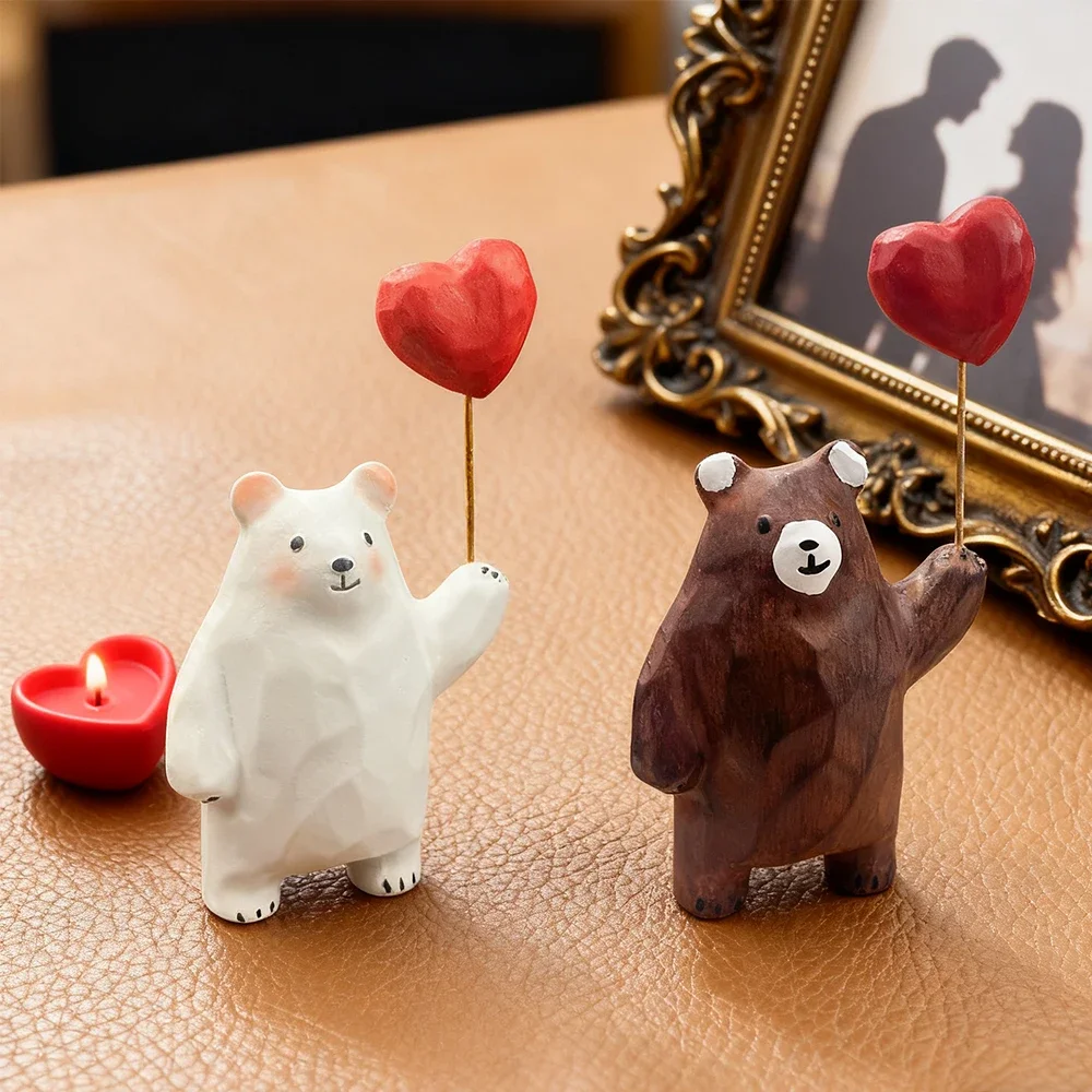 Handwork Wooden Carve Bear Figurine with Heart Crafts Desktop Ornament Office Room Home Decor for Friend Birthday Xmas Gifts 6
