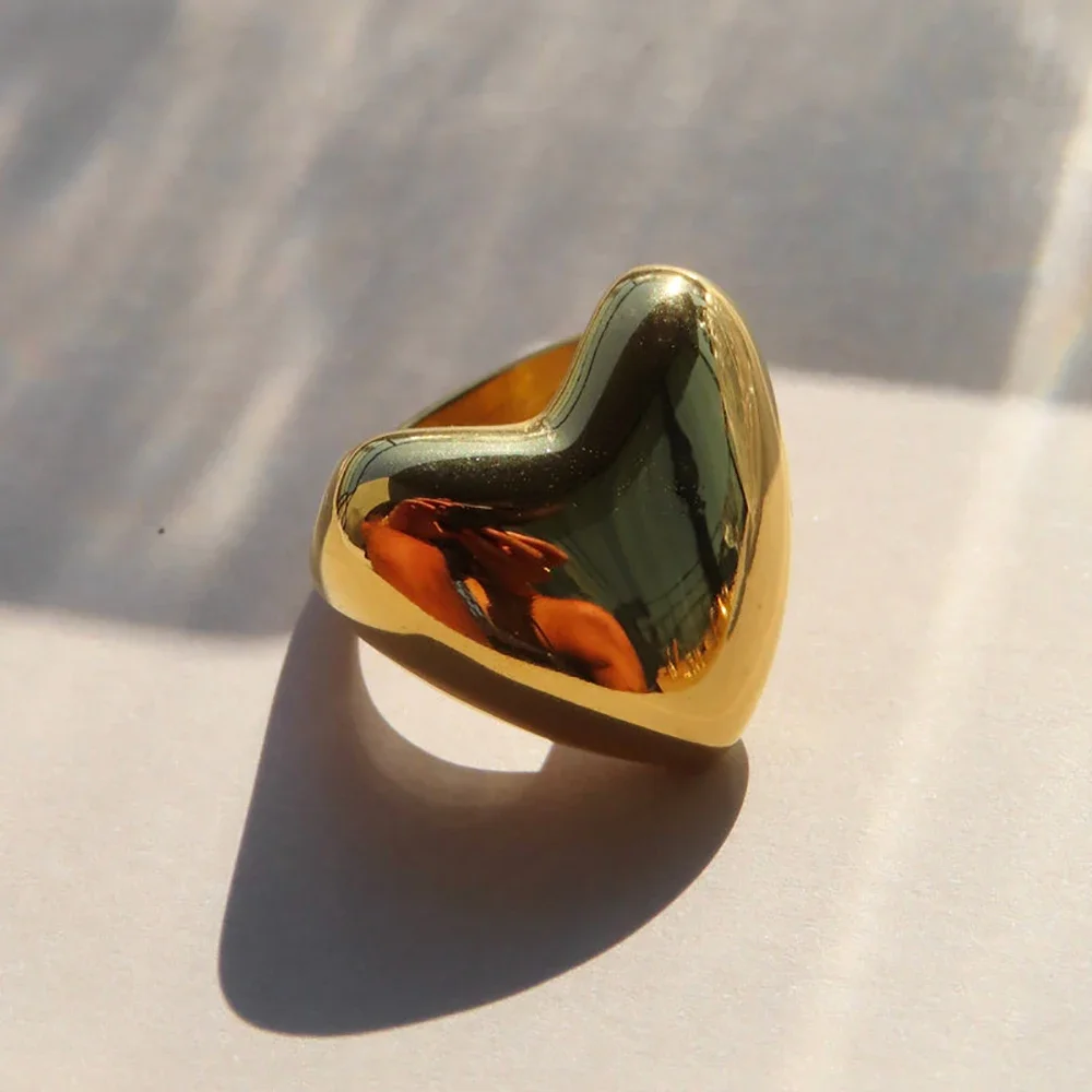 Chunky Love Heart Rings for Women Polished 18K Gold Plated Waterproof Non Tarnish Geometric Wedding Ring Vintage Jewelry Gifts